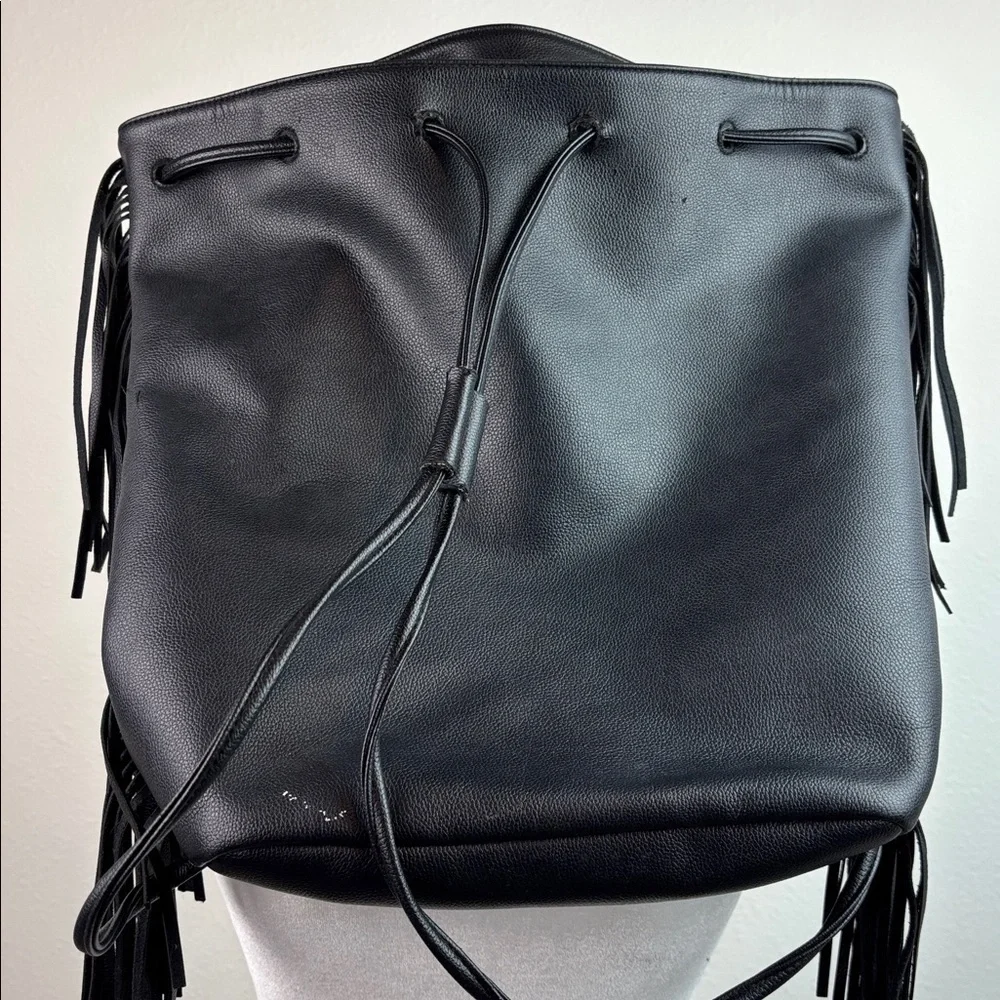 Victoria's Secret Black faux leather boho fringe bag backpack drawstring tote - Picture 5 of 13